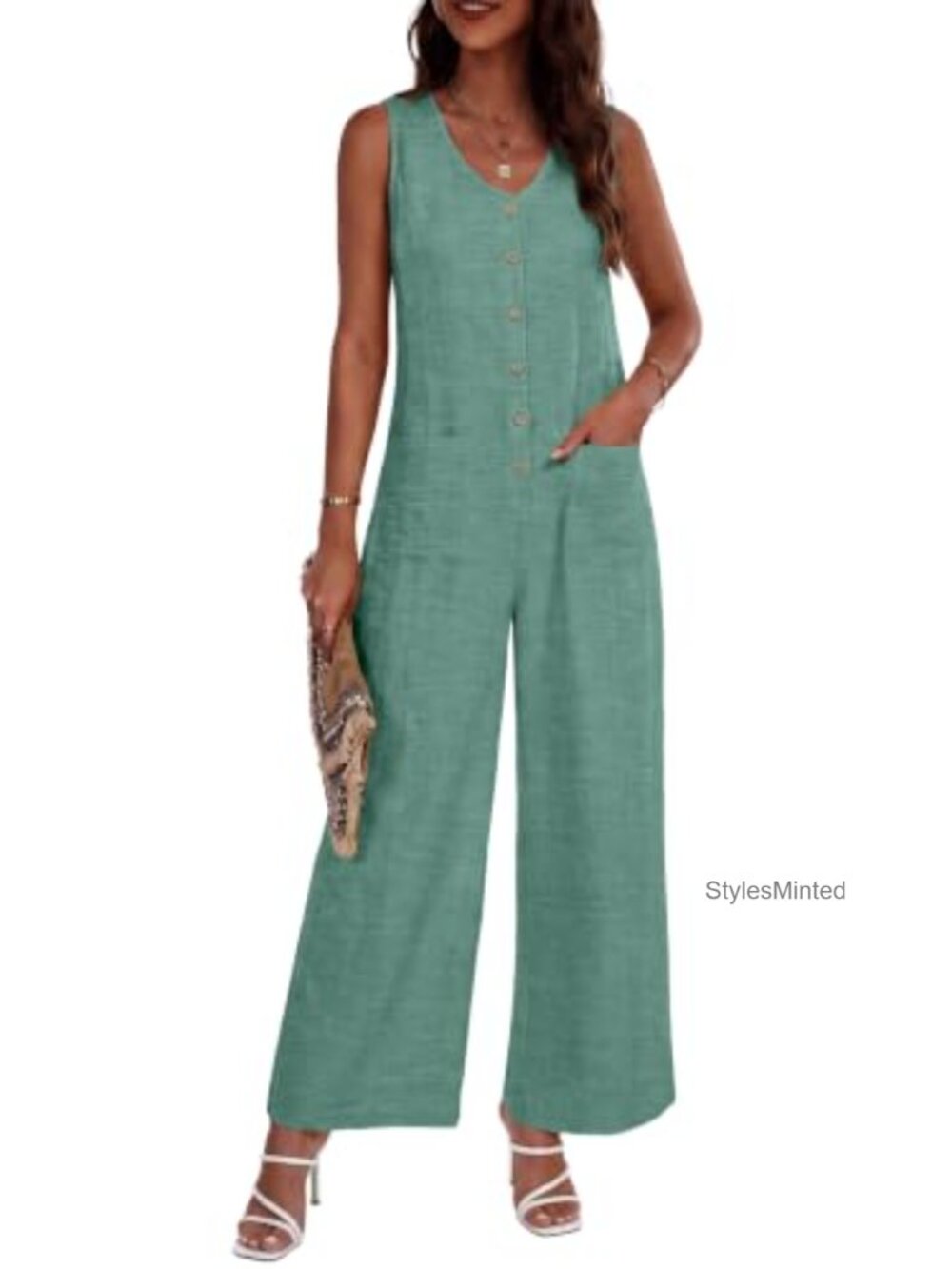 Women's Sleeveless Button Down Jumpsuit Wide Leg Romper Casual Loose Fit